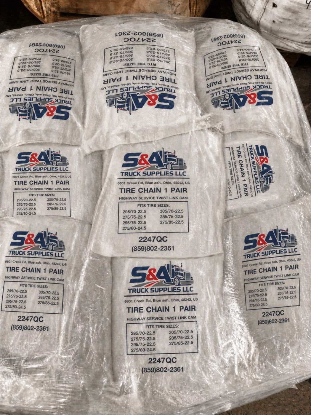 S&A branded tire chain bags, packed and labeled by size