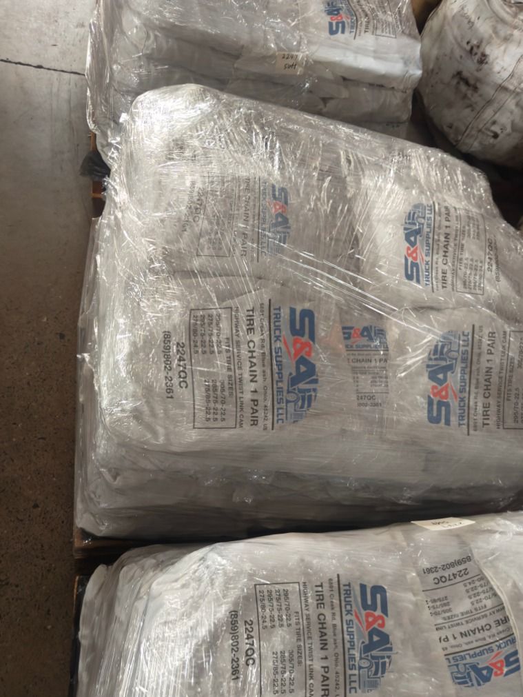 Bagged S&A tire chains on pallets
